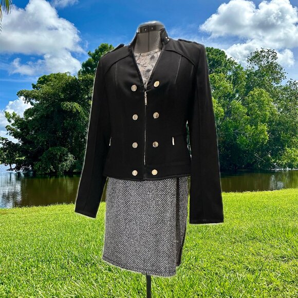 WHBM Military Womans Blazer Zip Up Jacket Mandarian Collar Black Silver EUC 6 - Picture 1 of 13